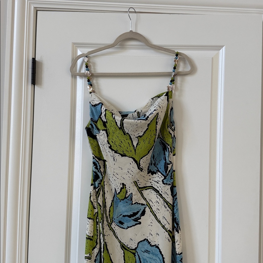 Topshop cowl neck midi slip dress with beaded straps in green blue floral - Picture 5 of 7